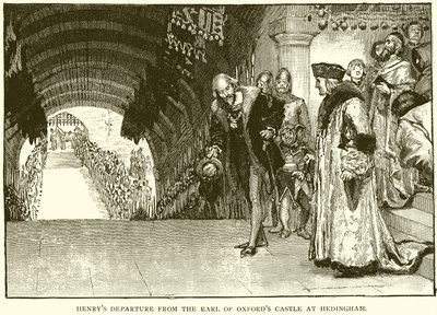 Henrys indulás az Earl of Oxfords kastélyból Hedinghamben alkotó: English School