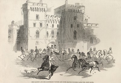 Őfelsége és illusztris látogatói, valamint lakosztálya elhagyja a Windsori kastélyt az Ascot Races-re, a „The Illustrated London News”-ból, 1845. június 14. alkotó: English School
