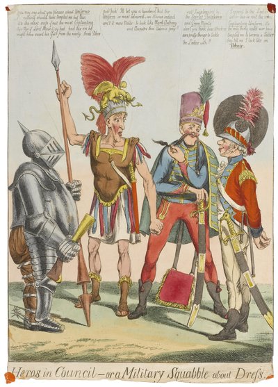 „Hősök a Tanácsban – avagy katonai civakodás az öltözködésről”, 1820 körül (színes metszet) alkotó: English School