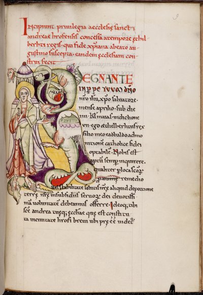 Történelmi kezdetű „R” (egnante) Krisztussal és egy sárkánnyal, a Textus Roffensisből, 1719 előtt (fakszimile pergamenre) alkotó: English School