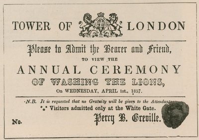 Átverés belépőjegy az oroszlánmosás szertartására a londoni Towerben alkotó: English School