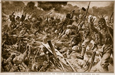 Csuklyás brit területek a német lövészárkokat töltik Loosnál, 1915. szeptember 25., 1914-1919 alkotó: English School
