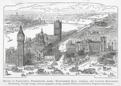 Parlament, Westminster apátság, Westminster Hall, Krími és Canning emlékmű (metszet) alkotó: English School