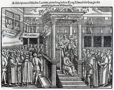 Hugh Latimer (kb. 1485-1555) prédikált VI. Edward király (1537-53) előtt Westminsterben 1547-ben, John Foxe (1516-87) „Cselekedetei és emlékművei” című könyvéből, 1563 alkotó: English School