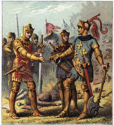 Százéves háború: Poitiers-i csata (1356). II. Jó János francia király (1319-1364) elismerte vereségét, és az angol Edward Plantagenethez ment (Edward of Woodstock Brackembury alkotó: English School