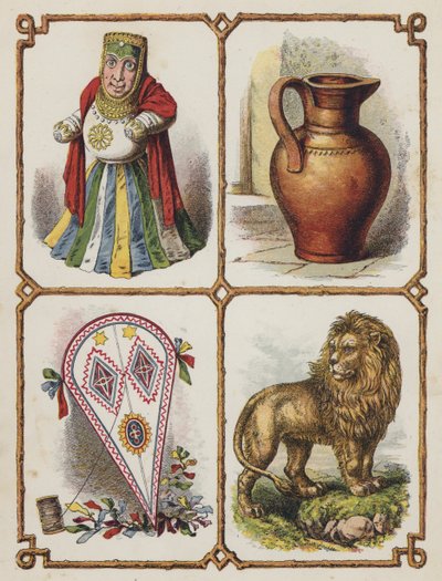 Bálvány, korsó, sárkány, oroszlán (színes litográfia) alkotó: English School