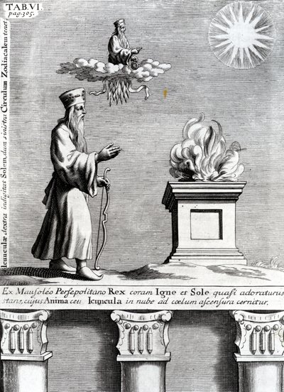 Illusztráció Zoroasterről, aki a tüzet és a napot imádja, 1697 alkotó: English School