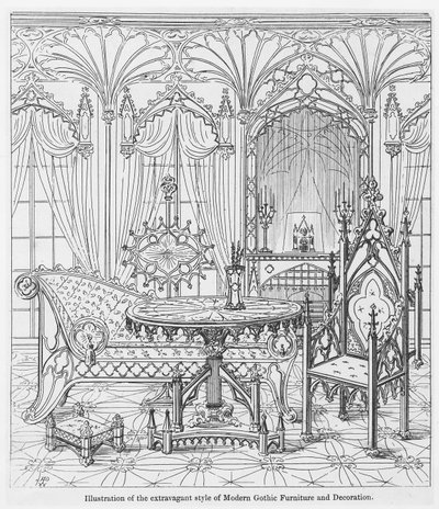 Illusztráció a modern gótikus bútorok és dekoráció extravagáns stílusáról, Augustus Welby Pugin (1812-52) A hegyes keresztény építészet valódi alapelveiből alkotó: English School