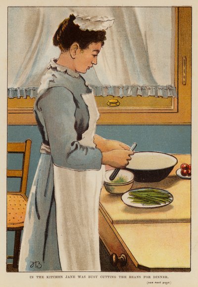 A konyhában Jane a vacsorára szánt babot vágta (színes litho). alkotó: English School