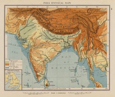 India, fizikai térkép (színes litográfia) alkotó: English School