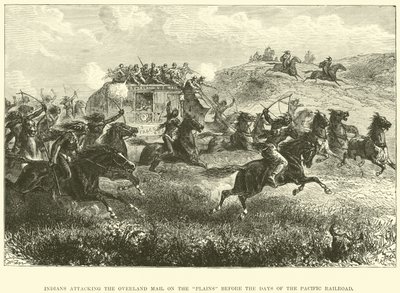 Indiánok megtámadják az Overland Mail-t a síkságon a Pacific Railroad napjai előtt alkotó: English School
