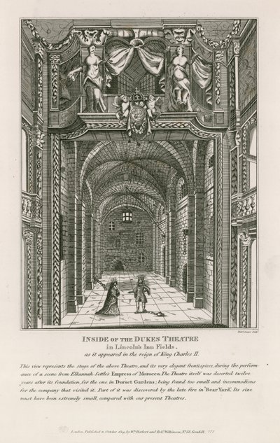 A Lincolns Inn Fields-i Dukes Színház belsejében, ahogyan II. Károly király uralkodása idején megjelent alkotó: English School