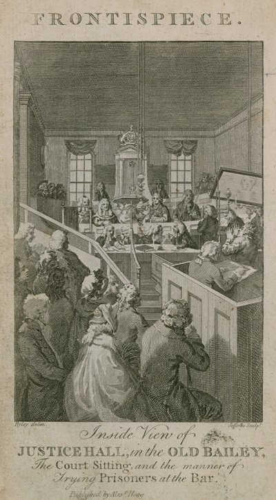 Az Old Bailey-i Justice Hall belső nézete, a bírósági ülés és a foglyok tárgyalásának módja a bárban alkotó: English School