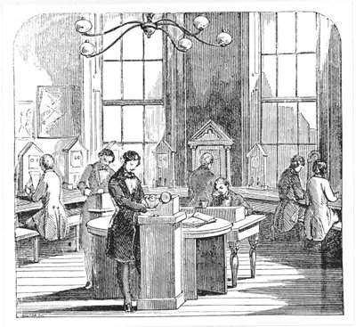 Műszerszoba az Electric Telegraph Office-ban, Lothbury, London, Dionysius Lardner Tudományos és Művészeti Múzeumából, 1860 körül alkotó: English School
