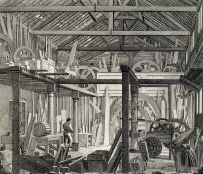 A John Bunyans Meeting House belső képe a Zoar Street-ben, Gravel Lane, Southwark, műhelyként és fűrészmalomként használt, 1822 körül (lásd még: 190619) alkotó: English School
