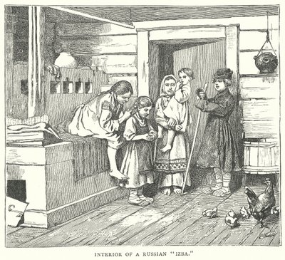 Innenraum einer russischen "Izba" (Gravur) von English School