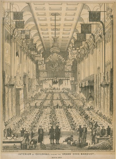 A Céhház belseje a nagyszabású polgári lakoma idején, 1837. november 9. alkotó: English School