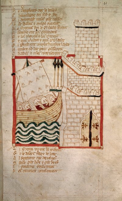 A skótok és dánok inváziója a „Roman de Brut” verses krónikájából (vellum) alkotó: English School