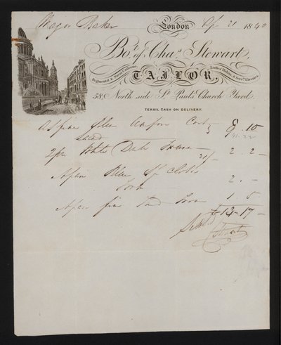 Számla Charles Stewart szabótól, a St Paul