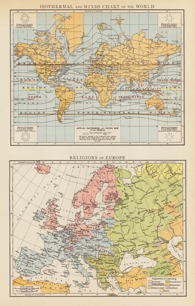 A világ izotermikus és széltáblázata; Európa vallásai (színes litográfia) alkotó: English School