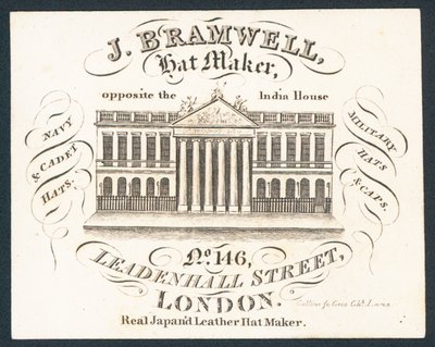 J Bramwell, kalapkészítő, kereskedelmi kártya alkotó: English School