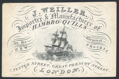 J Weiller, a Hambro Quills importőre és gyártója, 2 Tenter Street, kereskedelmi kártya alkotó: English School