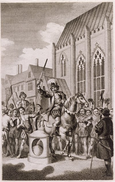 Jack Cades lázadása 1450-ben: Cade London City Urának nyilvánítja magát a London Stone-ban, a Cannon Streeten, 1770 körül alkotó: English School