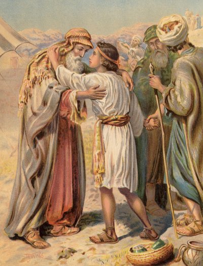 Jákob elválik Benjamintól, Genezis, XLIII (színes litó) alkotó: English School