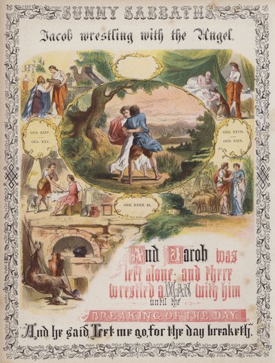 Jákob birkózik az angyallal (színes metszet) alkotó: English School
