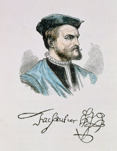 Jacques Cartier (1491-1557) illusztrációja az „Amerika narratív és kritikai története” IV. kötetéből, 1886 (későbbi színezés) alkotó: English School