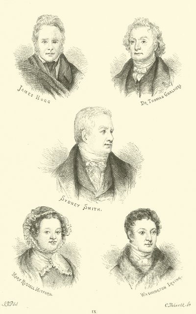 James Hogg, Dr. Thomas Chalmers, Sydney Smith, Mary Russell Mitford, Washington Irving alkotó: English School