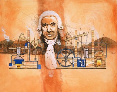 James Watt kemencékkel és mechanikus szivattyúkkal a háttérben alkotó: English School