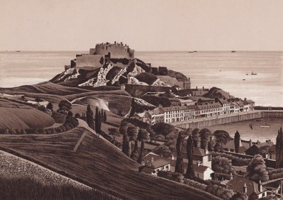 Jersey, Chanel-szigetek: Mount Orgueil kastély és Gorey kikötő (litho) alkotó: English School