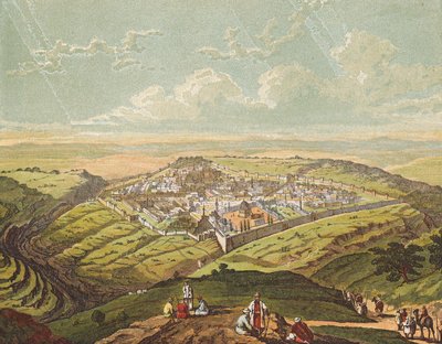 Jeruzsálemet tömör városnak építik (színes litográfia) alkotó: English School