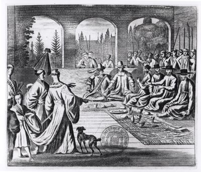Jezsuiták holland és portugál kereskedőkkel a japán császár udvarában, illusztrációja Arnold Montanus emlékezetes követségéből a japán császárhoz, Londonban, 1670. alkotó: English School