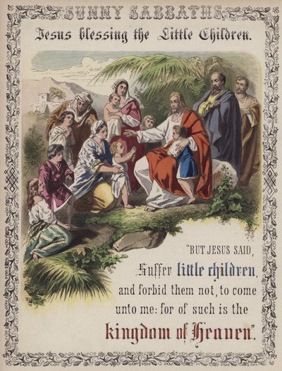 Jézus megáldja a kisgyermekeket (színes metszet) alkotó: English School