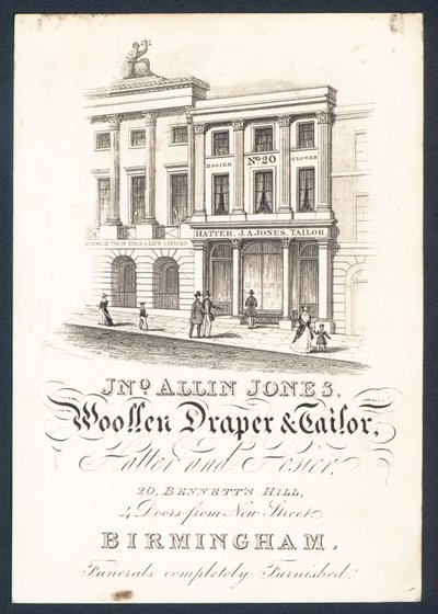 John Allin Jones, gyapjúszövet és szabó, kalapos és harisnya, kereskedelmi kártya alkotó: English School