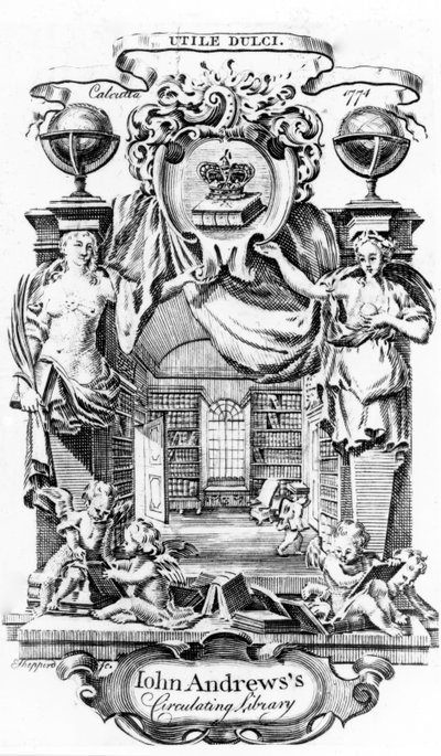 John Andrewss Circulating Library könyvtáblája, Joseph Shepperd, kiadva Kalkuttában, 1774 alkotó: English School