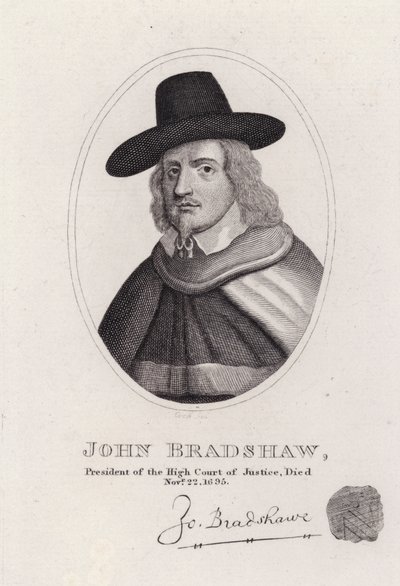 John Bradshaw angol bíró, aki a Legfelsőbb Bíróság elnöke volt I. Károly király 1649-es perében (metszet) alkotó: English School
