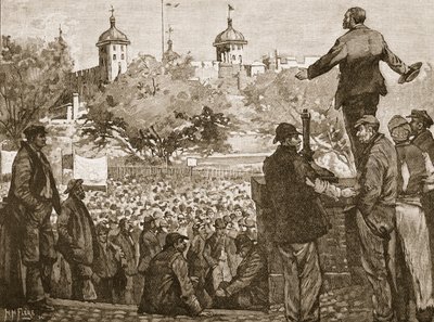 John Burns beszédet mond a dokkolók találkozóján a Tower Hillben, 1889, illusztráció a Cassells Illustrated History of Englandből (szépia fotó) alkotó: English School