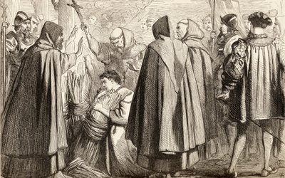 John Fritht máglyára akarják égetni eretnekség miatt 1533-ban, 1865 körül (fametszet) alkotó: English School