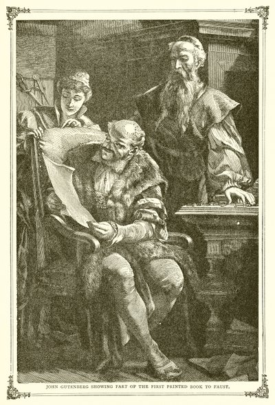 Gutenberg János az első nyomtatott könyv egy részét mutatja Faustnak alkotó: English School