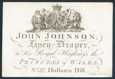 John Johnson, vászon drapéria, kereskedelmi kártya alkotó: English School