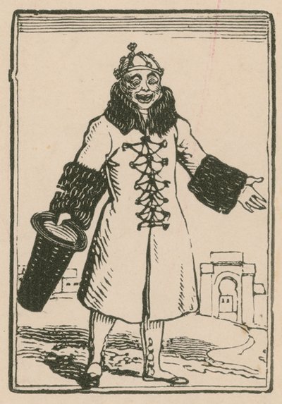 Joseph Grimaldi mint bohóc, aki az All the World-et énekli Párizsban, Surrey Színház, 1814 alkotó: English School