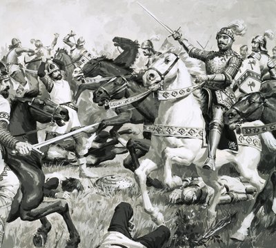 Artúr király elsöprő győzelemre vezette a briteket a szászok ellen. alkotó: English School