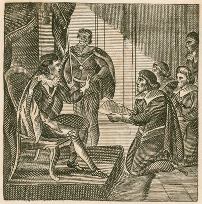 I. Károly király petíciót kapott a Commonstól, hogy ruházza át őket a hadseregek kiszabásának hatalmával (metszet) alkotó: English School