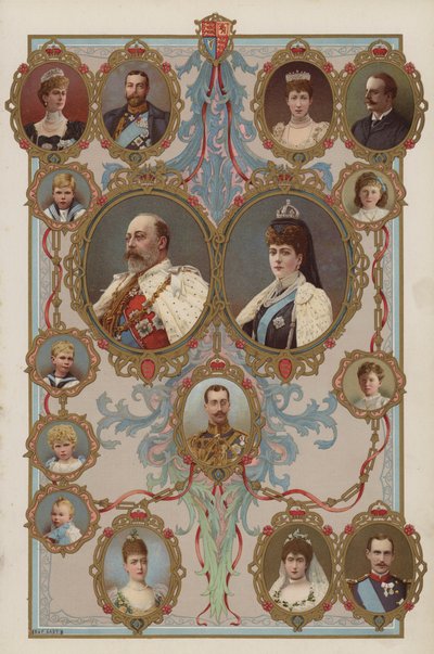 VII. Edward király, Alexandra királynő és gyermekeik és unokáik (színes litó) alkotó: English School