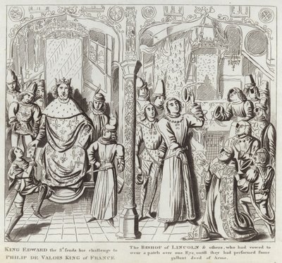 3. Edward király küldi Kihívását Philip de Valois francia királynak, Lincoln püspökének és másoknak, akik megfogadták, hogy foltot viselnek az egyik szemen, amíg el nem hajtják az A gallunt tettét. alkotó: English School