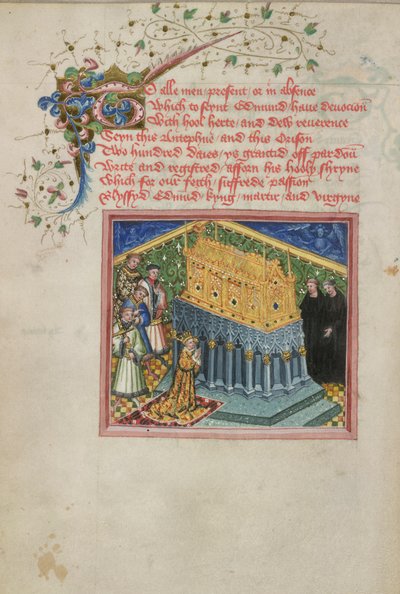VI. Henrik király meglátogatja a Szent Edmund kegyhelyet, illusztráció a Szent Edmund és Fremund életéből alkotó: English School