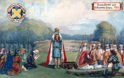 König Offa mit dem Schädel von St. Alban, 793 von English School